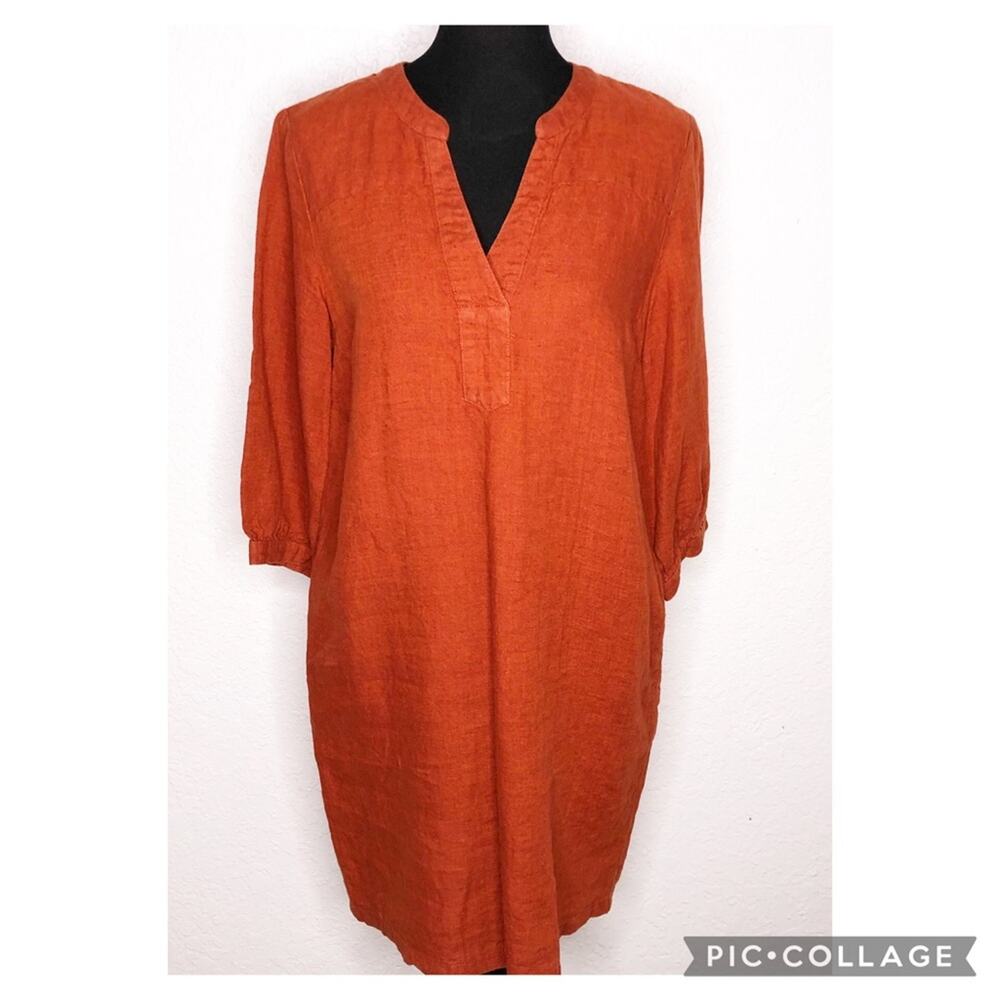 Garnet Hill burnt orange European flax linen popover shift dress size Small
